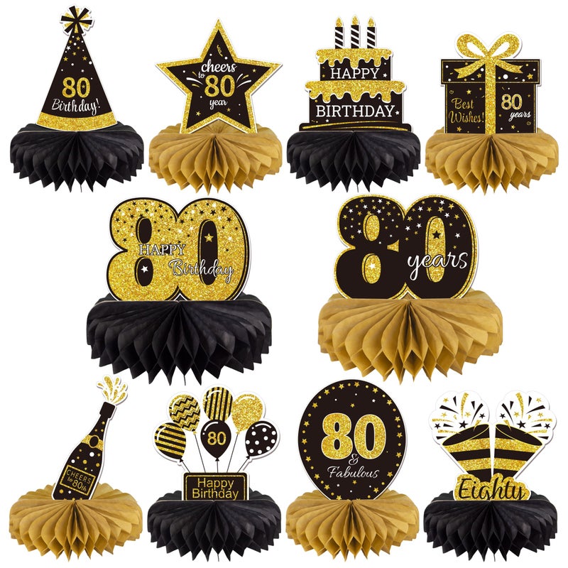 Gexolenu 10 Pcs 80th Birthday Honeycomb Centerpieces Gold Black Cheers to 80 Years Birthday Centerpieces Tables Toppers for 80th Birthday Decorations 80 Fabulous Birthday Party Decorations Supply - Image 1